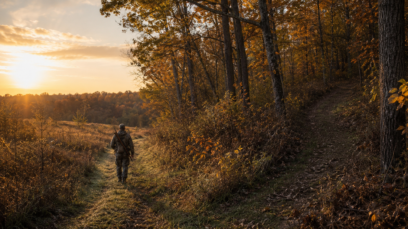 Hunter walking a wooded trail edge at golden hour, evaluating leased hunting land before signing a lease