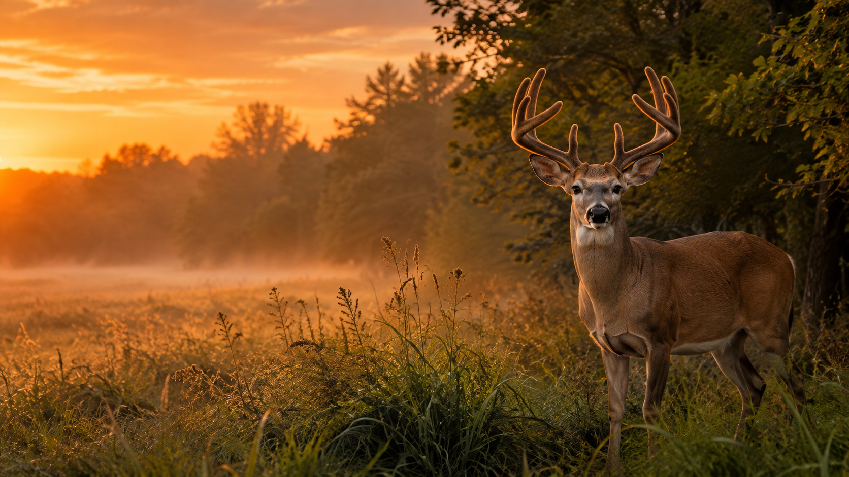 Mature whitetail buck in a late-summer field during preseason deer scouting