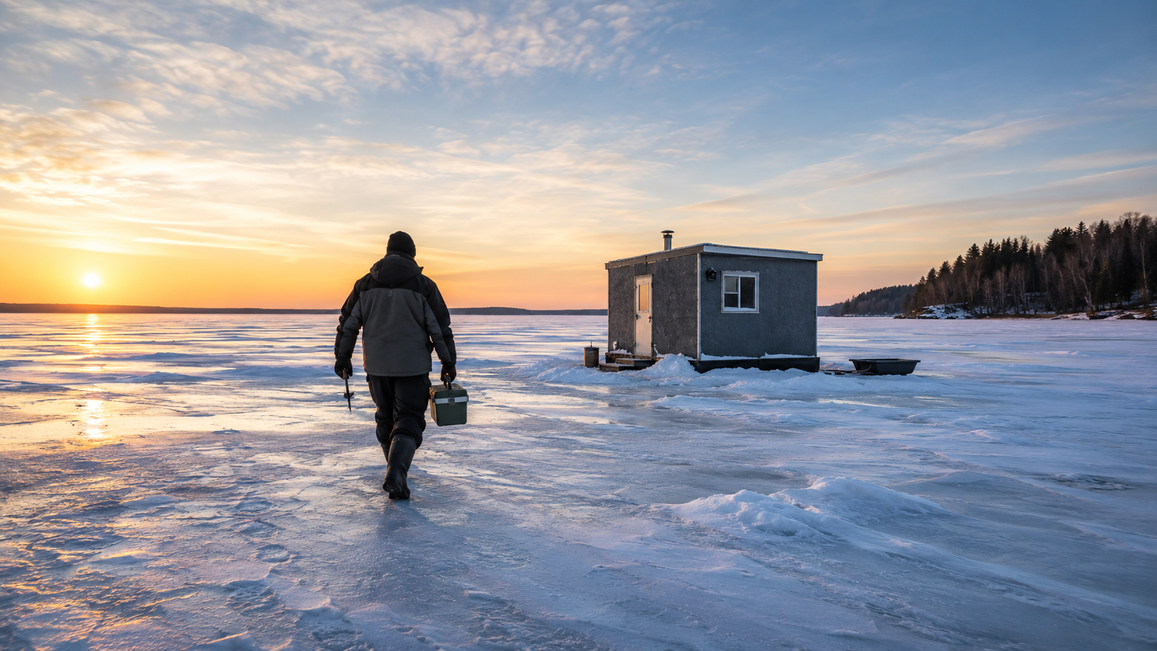 Red ice fishing shanty set up on a frozen lake at sunrise, ready for a first-time shanty rental outing