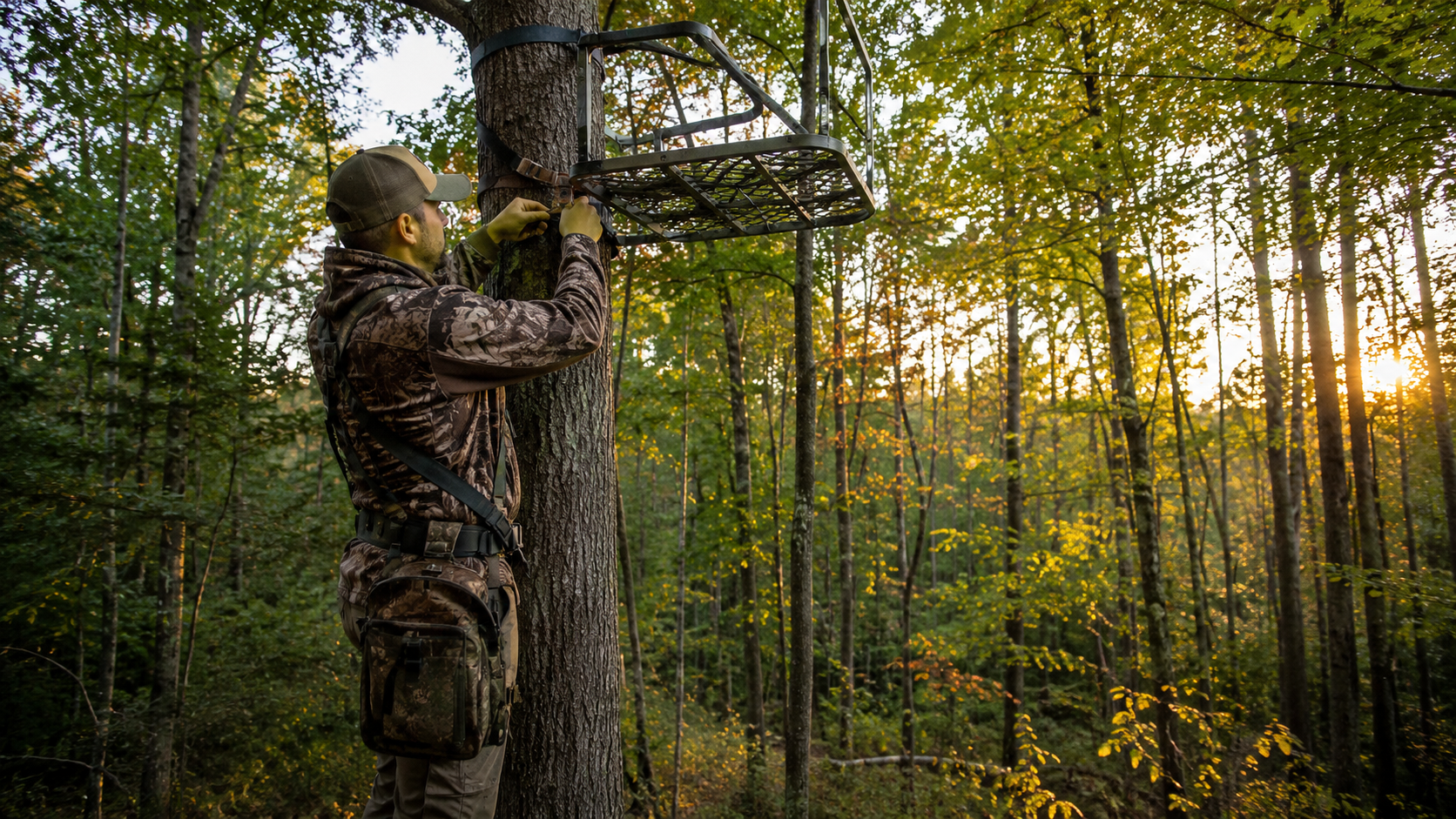 Whitetail buck tree stand overlooking leased hunting land, set up for preseason scouting before opening day