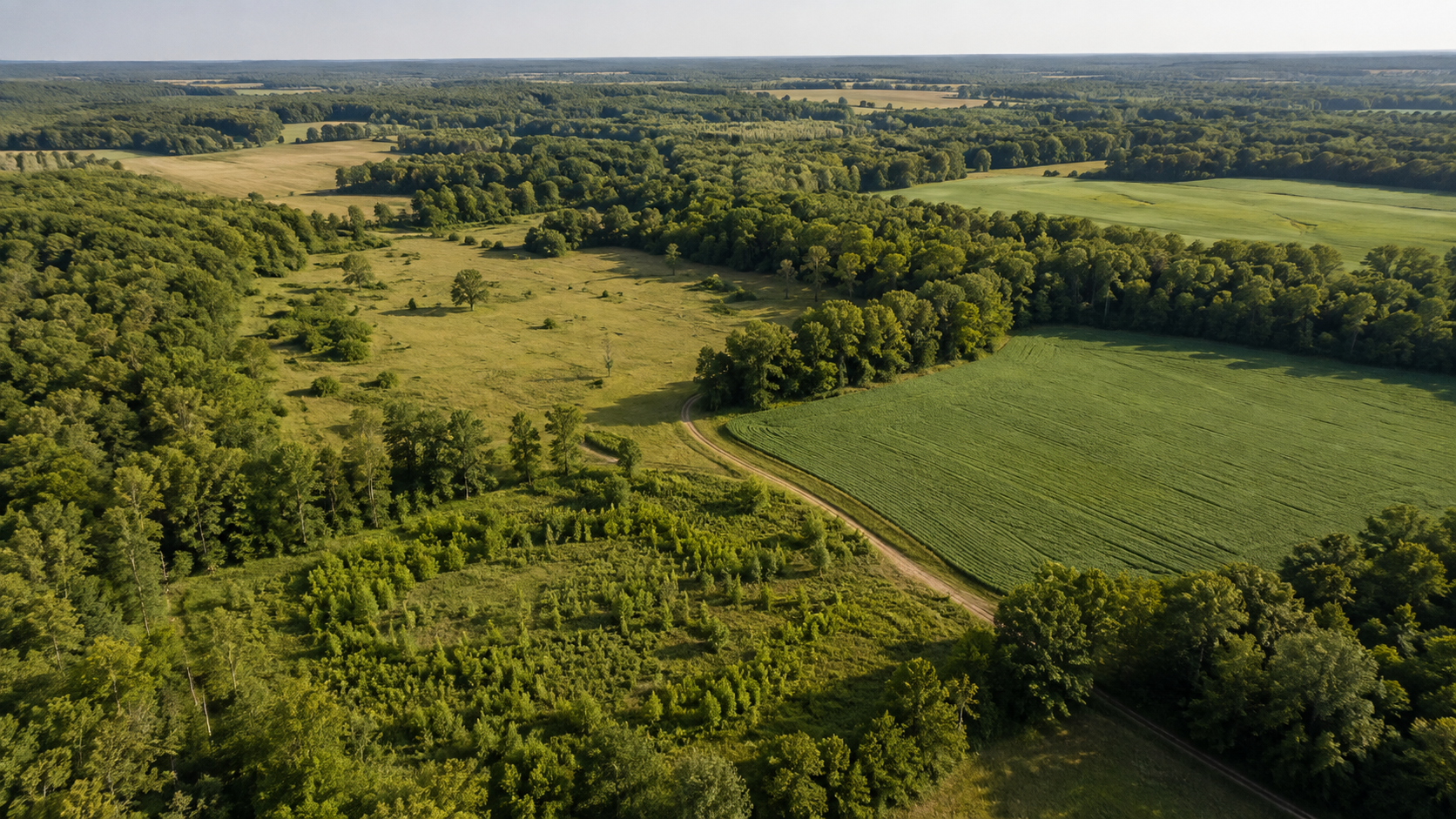 Aerial view of a wooded hunting property with open fields and access trails, showing land improvements for hunting lease tenants