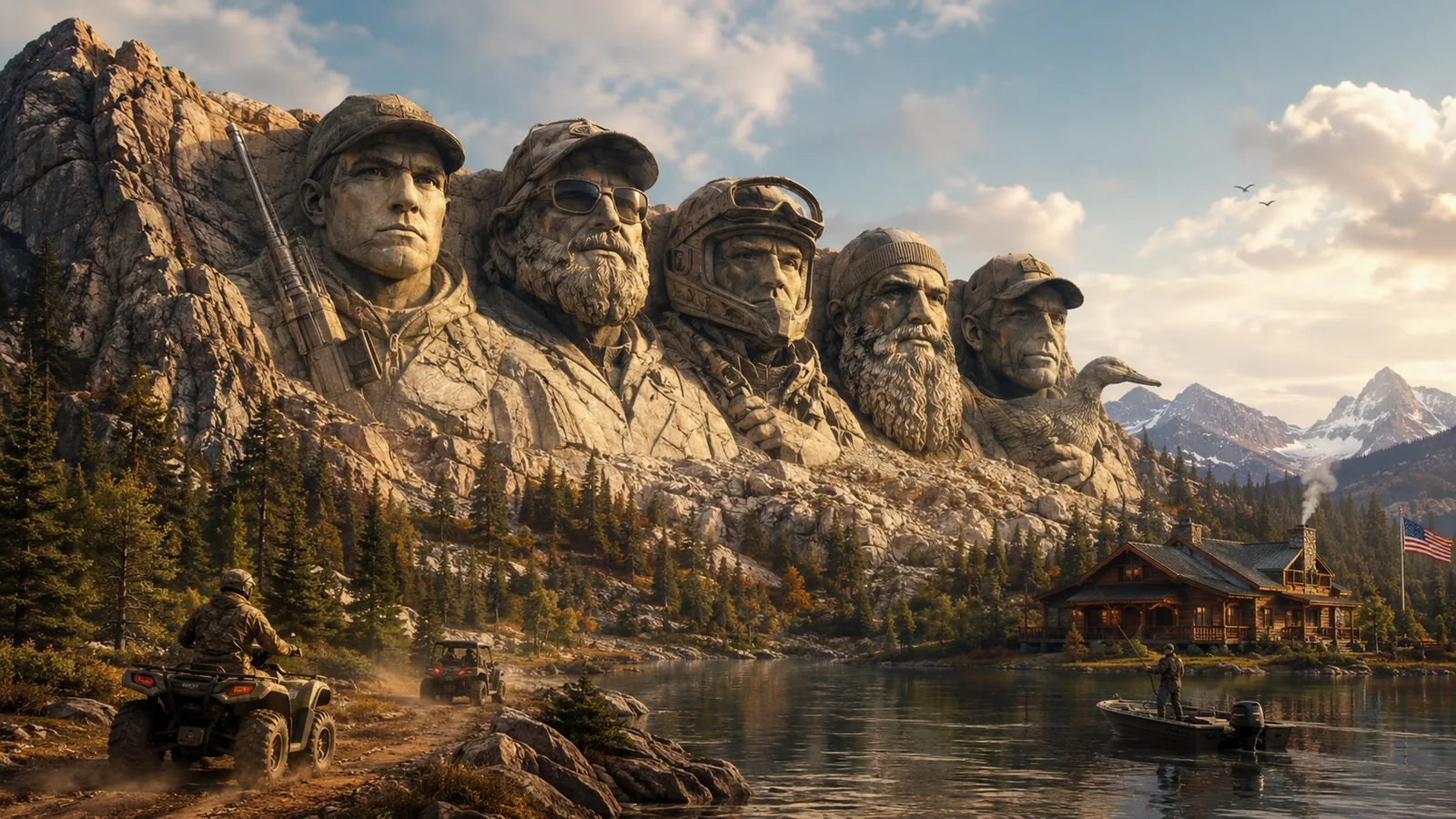Mt. Huntmore — five outdoorsmen carved into a rugged mountainside above a fishing lake and cabin, honoring the founding hosts of Shanty BB™.