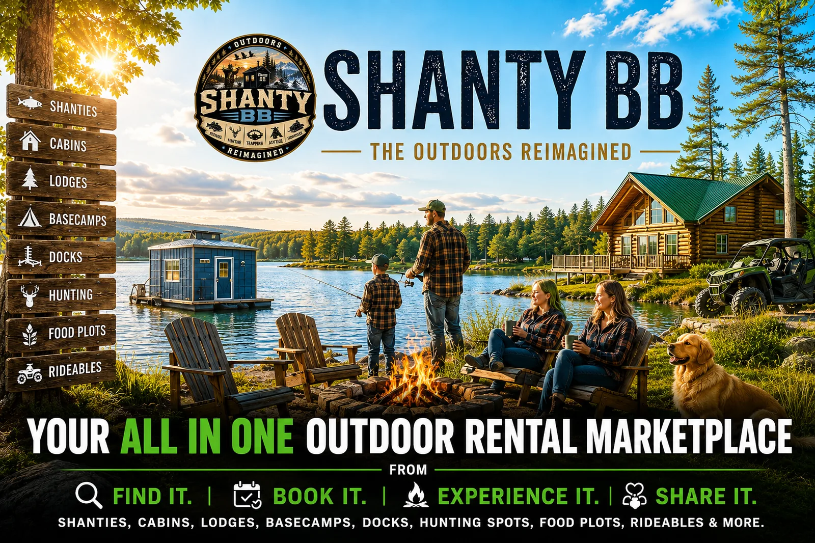 Shanty BB™ — the outdoors reimagined. Your all in one outdoor rental marketplace. Shanties, cabins, lodges, basecamps, docks, hunting, food plots, rideables and more.